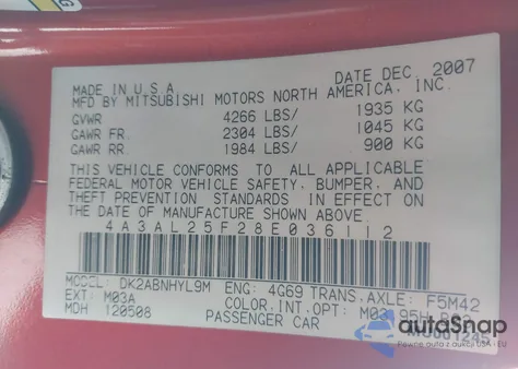 2008 Mitsubishi Eclipse Spyder Gs из США, поврежденный, VIN 4A3AL25F28E036112